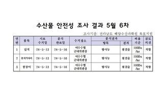 수산물 안정성 조사 결과 5월 6차 조사기관: 전라남도 해양수산과학원 목포지원 연번, 품목, 시료수거일, 분석완료일, 수거장소, 분석결과(항목|결과), 허용기준, 검토의견 항목으로 구성된 표 1 넙치 24-5-13 24-5-16 여수수협군내위판장 방사능 불검출 100Bg/kg 적합 2 문치가자미 24-5-13 24-5-16 여수수협군내위판장 방사능 불검출 100Bg/kg 적합 3 붕장어 24-5-13 24-5-16 여수수협군내위판장 방사능 불검출 100Bg/kg 적합