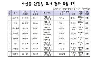 수산물 안정성 조사 결과 6월 1차 조사기관: 국립수산물품질관리원 여수지원 연번, 품목, 시료수거일, 분석완료일, 수거장소, 분석결과(항목|결과), 허용기준, 검토의견 항목으로 구성된 표 1 도다리 24-6-3 24-6-4 여수수협군내위판장 방사능 불검출 100Bg/kg 적합 2 소라 24-6-3 24-6-4 여수수협군내위판장 방사능 불검출 100Bg/kg 적합 3 갑오징어 24-5-28 24-6-5 여수수협군내위판장 중금속 기준치이하 항목별상이 적합 4 쏨뱅이 24-6-4 24-6-5 여수수협군내위판장 방사능 불검출 100Bg/kg 적합 5 바지락 24-6-4 24-6-5 화양면이목지선 방사능 불검출 100Bg/kg 적합 6 멸치 24-6-4 24-6-5 여수수협선어위판장 방사능 불검출 100Bg/kg 적합 7 고등어 24-5-27 24-6-7 여수수협선어위판장 중금속 기준치이하 항목별상이 적합 8 고등어 24-5-27 24-6-7 여수수협선어위판장 유해물질 기준치이하 항목별상이 적합