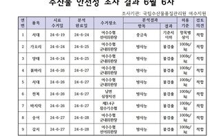 수산물 안정성 조사 결과 6월 6차 조사기관: 국립수산물품질관리원 여수지원 연번, 품목, 시료수거일, 분석완료일, 수거장소, 분석결과(항목|결과), 허용기준, 검토의견 항목으로 구성된 표 1 서대 24-6-19 24-6-24 여수수협선어위판장 중금속 기준치이하 항목별상이 적합 2 가오리 24-6-24 24-6-25 여수수협군내위판장 방사능 불검출 100Bg/kg 적합 3 양태 24-6-24 24-6-25 여수수협군내위판장 방사능 불검출 100Bg/kg 적합 4 붉바리 24-6-26 24-6-27 여수수협군내위판장 방사능 불검출 100Bg/kg 적합 5 서대 24-6-26 24-6-27 여수수협군내위판장 방사능 불검출 100Bg/kg 적합 6 전복 24-6-26 24-6-27 남면심장지선 방사능 불검출 100Bg/kg 적합 7 바지락 24-6-26 24-6-27 제3.4구잠수기수협 방사능 불검출 100Bg/kg 적합 8 숭어 24-6-27 24-6-28 여수수협군내위판장 방사능 불검출 100Bg/kg 적합 9 갈치 24-6-27 24-6-28 여수수협선어위판장 방사능 불검출 100Bg/kg 적합