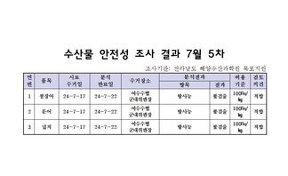 수산물 안정성 조사 결과 7월 5차 조사기관: 전라남도 해양수산과학원 목포지원 연번, 품목, 시료수거일, 분석완료일, 수거장소, 분석결과(항목|결과), 허용기준, 검토의견 항목으로 구성된 표 1 붕장어 24-7-17 24-7-22 여수수협군내위판장 방사능 불검출 100Bg/kg 적합 2 문어 24-7-17 24-7-22 여수수협군내위판장 방사능 불검출 100Bg/kg 적합 3 넙치 24-7-17 24-7-22 여수수협군내위판장 방사능 불검출 100Bg/kg 적합