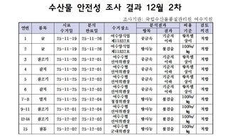 수산물 안전성 조사 결과 12월 2차
조사기관: 국립수산물품질관리원 여수지원 
표 설명: 연번순으로 품목, 시료 수거일, 분석 완료일, 수거장소, 분석 결과, 허용 기준, 검토 의견으로 나열 되어 있습니다. 
1 굴, 시료 수거일 25년 11월 19일, 분석 완료일 25년 11월 26일, 수거장소 여수양식업 제11832호, 분석결과 중금속 기준치 이하, 허용기준 항목별 상이, 검토의견 적합
2 굴, 시료 수거일 25년 11월 19일, 분석 완료일 25년 11월 26일, 수거장소 여수양식업 제11832호, 분석결과 방사능 불검출, 허용기준 100Bq/kg, 검토의견 적합
3 참조기, 시료 수거일 25년 11월 20일, 분석 완료일 25년 12월 01일, 수거장소 여수수협 선어위판장, 분석결과 중금속 기준치 이하, 허용기준 항목별 상이, 검토의견 적합
4 갈치, 시료 수거일 25년 11월 20일, 분석 완료일 25년 12월 01일, 수거장소 여수수협 선어위판장, 분석결과 중금속 기준치 이하, 허용기준 항목별 상이, 검토의견 적합
5 참조기, 시료 수거일 25년 11월 25일, 분석 완료일 25년 12월 03일, 수거장소 여수수협 선어위판장, 분석결과 중금속 기준치 이하, 허용기준 항목별 상이, 검토의견 적합
6 갈치, 시료 수거일 25년 11월 25일, 분석 완료일 25년 12월 03일, 수거장소 여수수협 선어위판장, 분석결과 중금속 기준치 이하, 허용기준 항목별 상이, 검토의견 적합
7~8 멸치, 시료 수거일 25년 11월 25일, 분석 완료일 25년 12월 04일, 수거장소 여수수협 청정위판장, 분석결과 방사능 불검출, 허용기준 100Bq/kg, 검토의견 적합
9~11 참조기, 시료 수거일 25년 12월 01일, 분석 완료일 25년 12월 04일, 수거장소 여수수협 선어위판장, 분석결과 방사능 불검출, 허용기준 100Bq/kg, 검토의견 적합
12~14 참조기, 시료 수거일 25년 12월 02일, 분석 완료일 25년 12월 03일, 수거장소 여수수협 선어위판장, 분석결과 방사능 불검출, 허용기준 100Bq/kg, 검토의견 적합
15 참돔, 시료 수거일 25년 12월 02일, 분석 완료일 25년 12월 03일, 수거장소 여수수협 군내위판장, 분석결과 방사능 불검출, 허용기준 100Bq/kg, 검토의견 적합