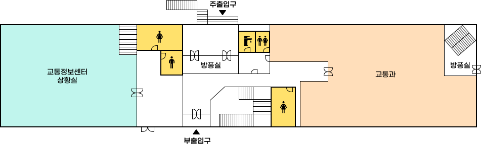 1층 왼쪽부터 시계방향으로 교통정보센터상황실,여자화장실,남자화장실,주출입구,방풍실,탕비실,화장실,교통과,방풍실,계단,화장실(여),부출입구 순으로 위치하고 있음