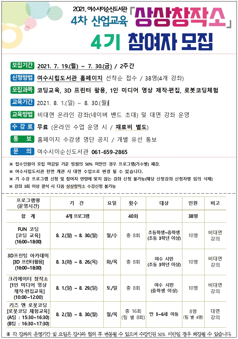 ▲ 여수시(시장 권오봉)가 시민들이 다양한 미래 4차 산업 기술을 체험하고 배울 수 있도록 이순신도서관 4차 산업교육 ‘상상창작소’ 4기에 참여할 시민을 선착순 모집한다.