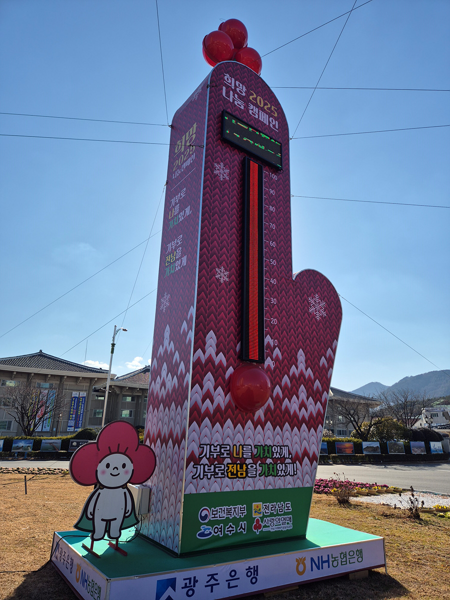 2025년 희망 나눔 캠페인을 알리는 대형 현수막과 기부 온도계가 설치된 장면으로, 기부를 독려하는 메시지가 적혀 있다.