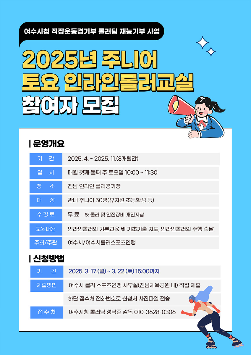 여수시청 직장운동경기부 롤러팀 재능기부 사업 2025년 주니어 토요 인라인롤러교실 참여자 모집 | 운영개요 | 기간 2025. 4. ~ 2025. 11.(8개월간) | 일시 매월 첫째·둘째 주 토요일 10:00 ~ 11:30 | 장소 진남 인라인 롤러경기장 | 대상 관내 주니어 50명(유치원·초등학생 등) | 수강료 무료 ※ 롤러 및 안전장비 개인지참 | 교육내용 인라인롤러의 기본교육 및 기초기술 지도, 인라인롤러의 주행 속달 | 주최/주관 여수시/여수시롤러스포츠연맹 | 신청방법 | 기간 2025. 3. 17.(월) ~ 3. 22.(토) 15:00까지 | 제출방법 여수시 롤러 스포츠연맹 사무실(진남체육공원 내) 직접 제출 하단 접수처 전화번호로 신청서 사전파일 전송 | 접수처 여수시청 콜팀 성낙준 감독 010-3628-0306