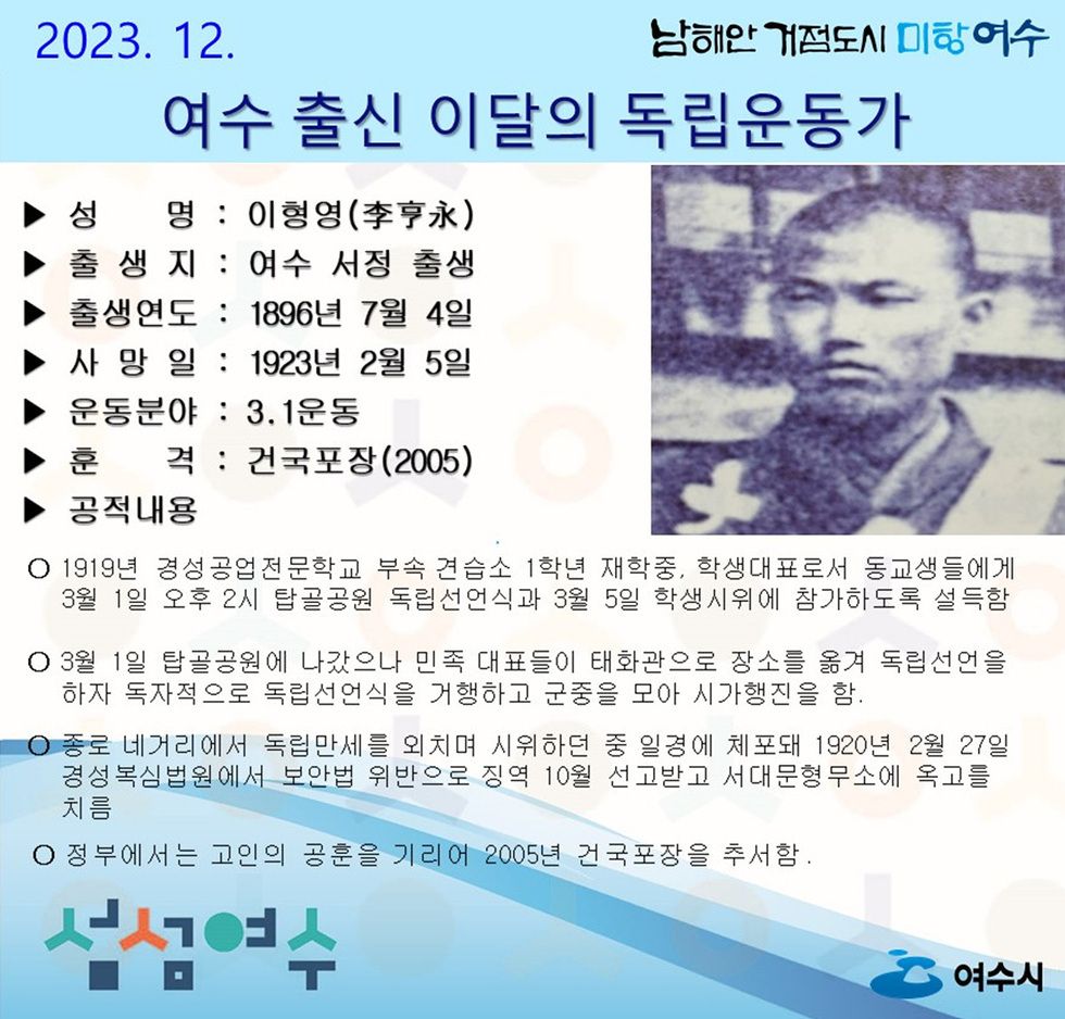 7 여수시, 12월의 독립운동가 서정 태생 ‘이형영 선생’ 선정.jpg