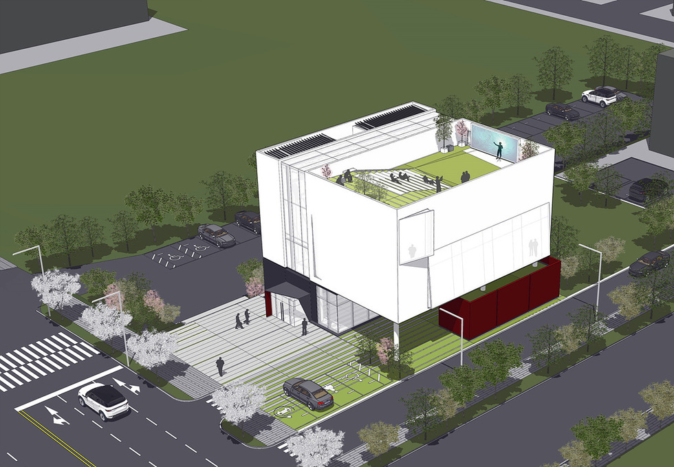 새로운 건물의 조감도로, 옥상에는 사람들이 앉아 있고 주변에는 나무와 주차장이 있다. 건물 앞에는 보행자와 차량이 보인다.