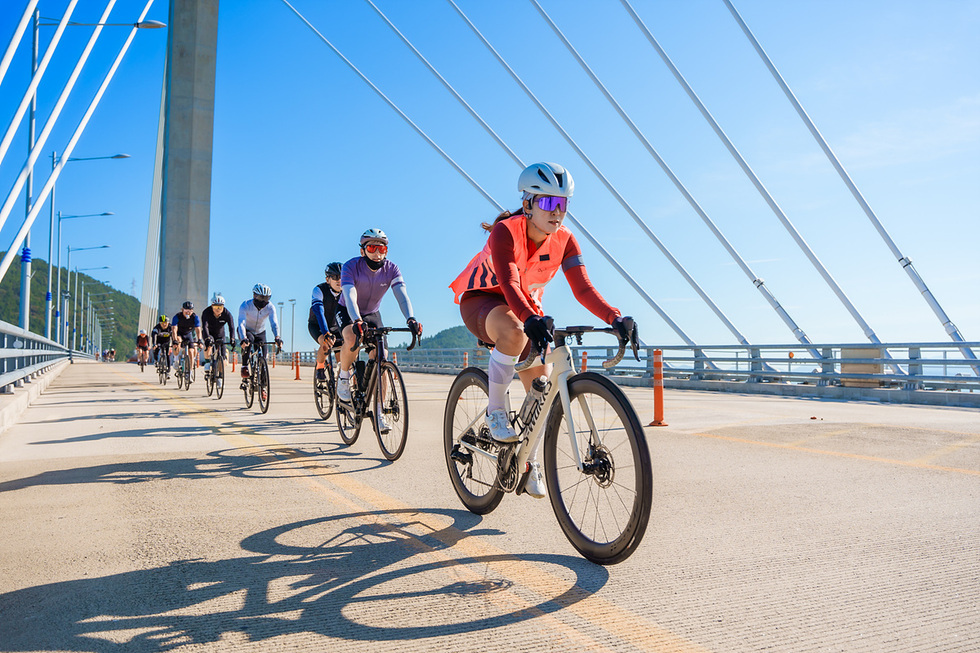 자전거를 타고 있는 여러 명의 라이더들이 다리 위에서 경주하고 있다. 맑은 하늘 아래에서 라이더들은 빠른 속도로 주행하고 있다.
