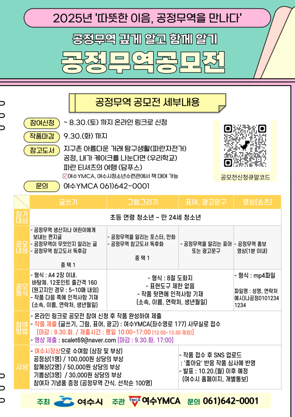 2025년 '따뜻한 이름, 공정무역을 만나다' 공정무역 깊이 알고 함께 알기 공정무역공모전 공정무역 공모전 세부내용 참여신청 ~ 8.30.(토) 까지 온라인 링크로 신청 작품마감 9.30.(화) 까지 참고도서 지구촌 아름다운 거래 탐구생활(파란자전거) 공정, 내가 케이크를 나눈다면(우리학교) 파란 티셔츠의 여행(담푸스) 문의 여수YMCA 061)642-0001 글쓰기 그림그리기 표어, 광고문구 영상(소초) 참가대상 공정무역 생산자나 어린이에게 보내는 편지 공정무역이 무엇인지 알리는 공정무역 참여도서 독후감 초등 여름 청소년 - 만 24세 청소년 중 택 1 중 택 1 형식 : A4 2장 이내. 배분: 12포인트 폰트 160 (원칙이 아닌 경우 : 5~10줄 내외) - 작품 제목 및 인적사항 기재 (소속, 이름, 연락처, 생년월일) 형식 : 8절 도화지 - 표현도구 제한 없음 - 작품 제목에 인적사항 기재 (소속, 이름, 연락처, 생년월일) 참여방법 - 온라인 링크로 공모전 참여 신청 후 작품 완성하여 제출 - 작품 제출(글, 그림, 표어, 광고) : 여수YMCA(좌수영로 177) 사무실로 접수 [마감 : 9.30.까지 / 제출시간 : 평일 10:00~17:00 (12:00~13:30 제외)] - 영상 제출 : scalet69@naver.com [마감 : 9.30.까지 17:00] - 여수시청소년수련관에서 책 대여 가능 공정무역(1명) / 100,000원 상당의 부상 상금(2명) / 50,000원 상당의 부상 기념품(3명) / 3,000원 상당의 부상 참가자 기념품 지급(공정무역 간식, 선착순 100명) - 작품 접수 후 SNS 업로드 : '좋아요' 반응 작품 심사에 반영 - 발표: 10.20.(월) 이후 예정 (여수시 홈페이지, 개별통보) 주최 여수시 주관 YMCA 여수YMCA 문의 061)642-0001