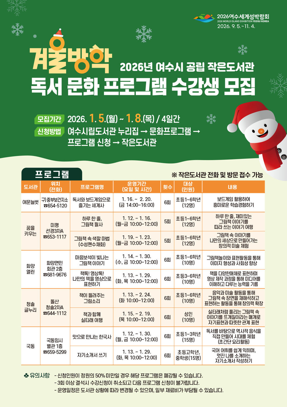 5 여수시, 공립 작은도서관 ‘겨울방학 독서문화 프로그램’ 수강생 모집.jpg