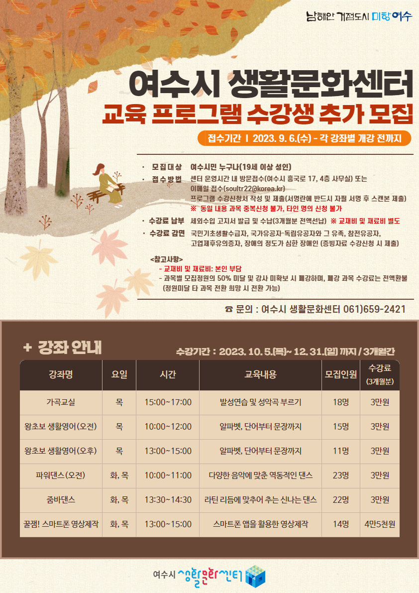 여수시 생활문화센터 교육프로그램 수강생 추가 모집 -접수기간:2023.9.6.(수)-각 강좌별 개강 전까지 ·모집대상:여수시민 누구나(19세 이상 성인) ·접수방법:센터 운영시간 내 방문접수(여수시 흥국로 17,4층 사무실) 또는 이메일접수 프로그램 수강신청서 작성 및 제출(서명란에 반드시 자필 서명 후 스캔본 제출)