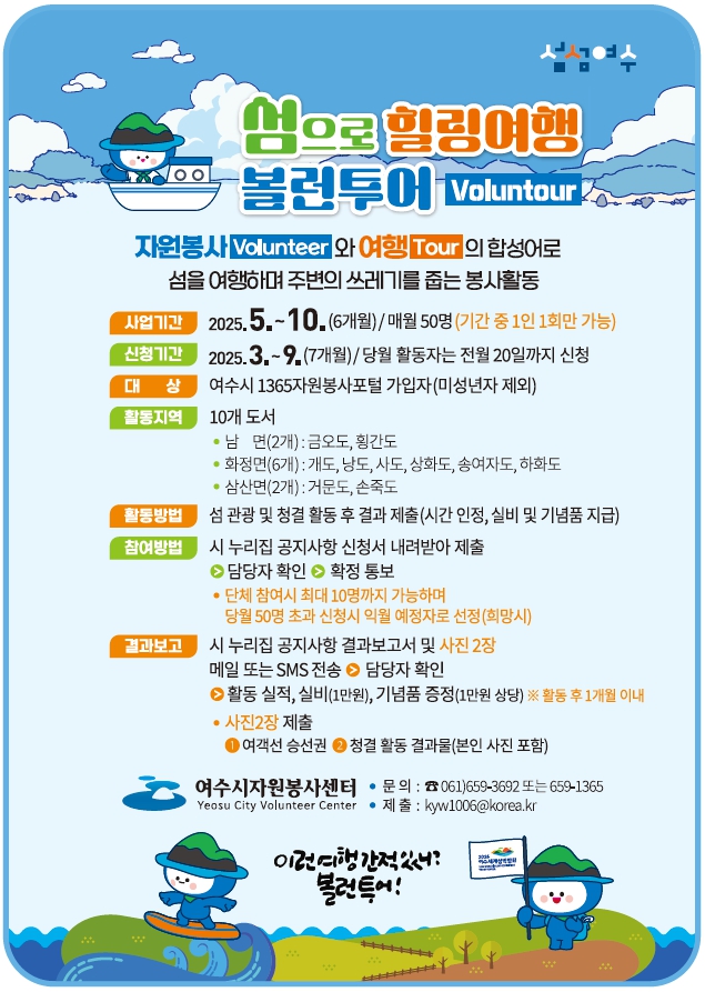 지원봉사 Volunteer 와 여행 Tour 의 함성으로 섬을 여행하며 주변의 쓰레기를 줍는 봉사활동 사업기간 2025. 5.-10. (6개월) / 매일 50명 (기간 중 1회만 가능) 신청기간 2025. 3.-9. (7개월) / 당일 활동자는 전원 20일까지 신청 대상 여수시 1365자원봉사포털 가입자(미성년자 제외) 활동지역 10개 도서 남 면(2개): 금오도, 항도 화장면(6개): 개도, 남도, 사도, 상여자도, 하화도 산들면(2개): 고속도 활동방법 서 관람 및 청결 활동 후 결과 제출(시간 인증, 실비 및 기념품 지급) 참여방법 서 누리집 공지사항 신청서 내려받아 제출 담당자 확인 및 확정 통보 단체 신청 시 최대 10명까지 가능하며 당일 50명 초과 신청 시 일의 예정자 선정(행사시) 결과보고 서 누리집 공지사항 결과보고서 및 사진 2장 메일 모든 SMS 전송 시 반드시 확인 활동 종료 시, 실비(1만원 이상), 기념품 증정(1회 활동 후 지급) 사진2장 제출 1. 여권과 성관계, 청결 활동결과(본인 사진 포함) 여수시자원봉사센터 문의: 061)659-3692 전화: 061)659-1365 이메일: kyw1006@korea.kr 이런 여행했었나? 놀러특!