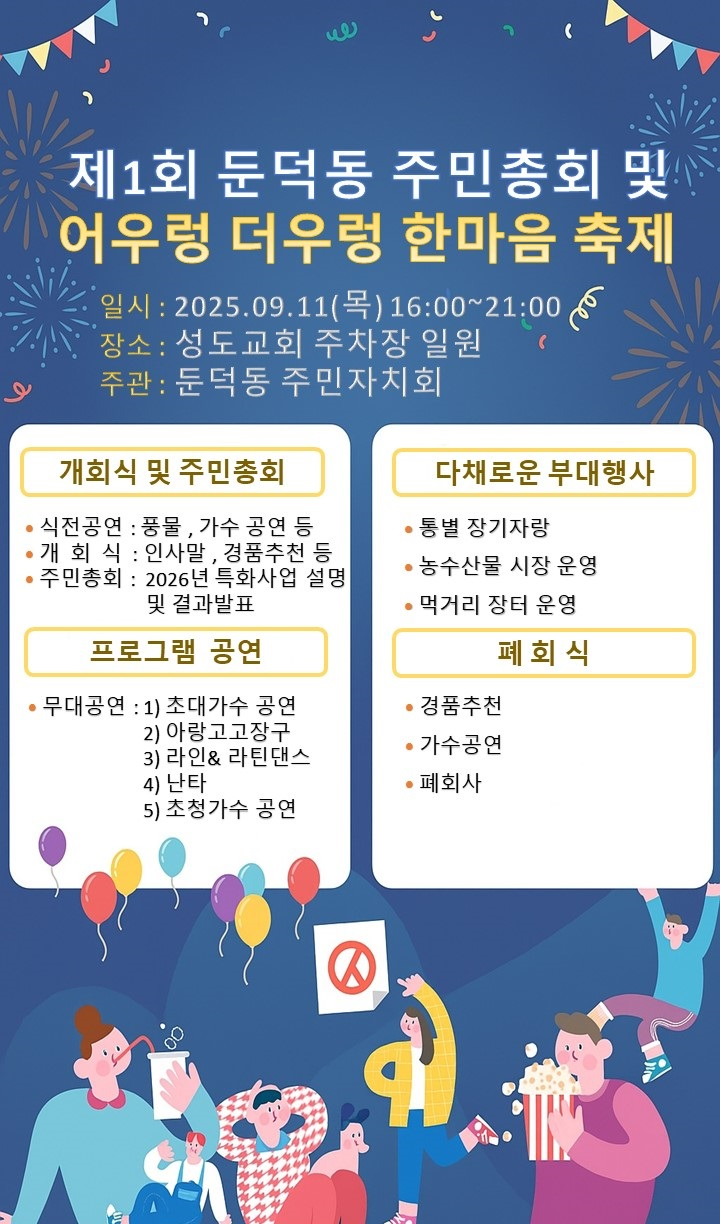 제1회 둔덕동 주민총회 및 어우렁 더우렁 한마음 축제 일시: 2025.09.11(목) 16:00~21:00 장소: 성도교회 주차장 일원 주관: 둔덕동 주민자치회 개회식 및 주민총회 • 식전공연: 풍물, 가수 공연 등 • 개회식: 인사말, 경품추첨 등 • 주민총회: 2026년 특화사업 설명 및 결과발표 프로그램 공연 • 무대공연: 1) 초대가수 공연 2) 아랑고고장구 3) 라인&라틴댄스 4) 난타 5) 초청가수 공연 다채로운 부대행사 • 통별 장기자랑 • 농수산물 시장 운영 • 먹거리 장터 운영 폐회식 • 경품추첨 • 가수공연 • 폐회사