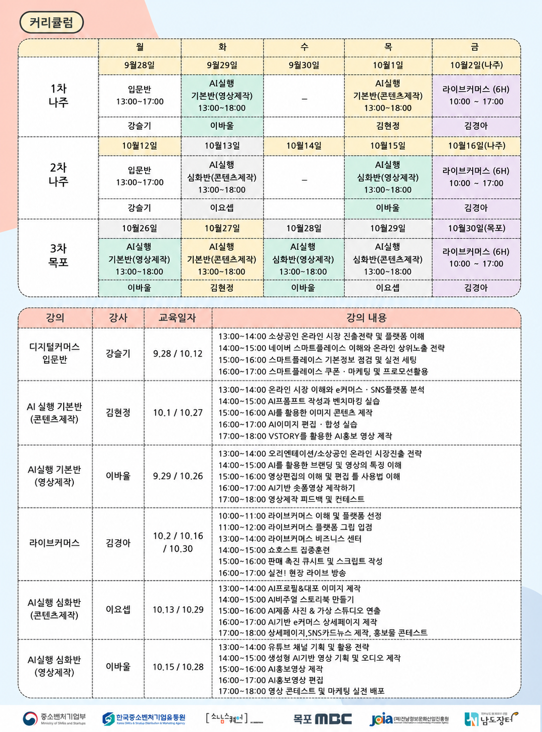 커리큘럼 1차 나주 월 9월28일 입문반 13:00~17:00 강슬기 화 9월29일 AI실행 기본반(영상제작) 13:00~18:00 이바울 수 9월30일 목 10월1일 AI실행 기본반(콘텐츠제작) 13:00~18:00 김현정 금 10월2일(나주) 라이브커머스 (6H) 10:00 ~ 17:00 김경아 2차 나주 10월12일 입문반 13:00~17:00 강슬기 10월13일 AI실행 심화반(콘텐츠제작) 13:00~18:00 이요셉 10월14일 10월15일 AI실행 심화반(영상제작) 13:00~18:00 이바울 10월16일(나주) 라이브커머스 (6H) 10:00 ~ 17:00 김경아 3차 목포 10월26일 AI실행 기본반(영상제작) 13:00~18:00 이바울 10월27일 AI실행 기본반(콘텐츠제작) 13:00~18:00 김현정 10월28일 AI실행 심화반(영상제작) 13:00~18:00 이바울 10월29일 AI실행 심화반(콘텐츠제작) 13:00~18:00 이요셉 10월30일(목포) 라이브커머스 (6H) 10:00 ~ 17:00 김경아 강의 강사 교육일자 강의내용 디지털커머스 입문반 강슬기 9.28 / 10.12 13:00~14:00 소상공인 온라인 시장 진출전략 및 플랫품 이해 14:00~15:00 네이버 스마트플레이스 이해와 온라인 상위노출 전략 15:00~16:00 스마트플레이스 기본정보 점검 및 실전 세팅 16:00~17:00 스마트플레이스 쿠폰 · 마케팅 및 프로모션활용 AI 실행 기본반 (콘텐츠제작) 김현정 10.1 / 10.27 13:00~14:00 온라인 시장 이해와 e커머스 · SNS플랫품 분석 14:00~15:00 AI프폼프트 작성과 벤치마킹 실습 15:00~16:00 Al를 활용한 이미지 콘텐츠 제작 16:00~17:00 AI이미지 편집 · 합성 실습 17:00~18:00 VSTORY를 활용한 AI홍보 영상 제작 AI실행 기본반(영상제작) 이바율 9.29 / 10.26 13:00~14:00 오리엔테이션/소상공인 온라인 시장진출 전략 14:00~15:00 Al를 활용한 브랜딩 및 영상의 톡징 이해 15:00~16:00 영상편집의 이해 및 편집 를 사용법 이해 16:00~17:00 AI기반 솟폼영상 제작하기 17:00~18:00 영상제작 피드백 및 컨테스트 라이브커머스 김경아 10.2 / 10.16 / 10.30 10:00~11:00 라이브커머스 이해 및 플랫품 선정 11:00~12:00 라이브커머스 플랫폼 그립 입점 13:00~14:00 라이브커머스 비즈니스 센터 14:00~15:00 쇼호스트 집중훈련 15:00~16:00 판매 촉진 큐시트 및 스크립트 작성 16:00~17:00 실전! 현장 라이브 방송 AI실행 심화반(콘텐츠제작) 이요셉 10.13 / 10.29 13:00~14:00 AI프로필&대포 이미지 제작 14:00~15:00 AI비주얼 스토리북 만들기 15:00~16:00 AI제품 사진 & 가상 스튜디오 연출 16:00~17:00 AI기반 e커머스 상세페이지 제작 17:00~18:00 상세페이지,SNS카드뉴스 제작, 홍보물 콘테스트 AI실행 심화반(영상제작) 이바울 10.15 / 10.28 13:00~14:00 유튜브 채널 기획 및 활용 전략 14:00~15:00 생성형 AI기반 영상 기획 및 오디오 제작 15:00~16:00 AI홍보영상 제작 16:00~17:00 AI홍보영상 편집 17:00~18:00 영상 콘테스트 및 마케팅 실전 배포 중소벤처기업부 한국중소벤처기업유통원 소담스퀘어 목포 MBC (재)전남정보문화산업진흥원 남도장터