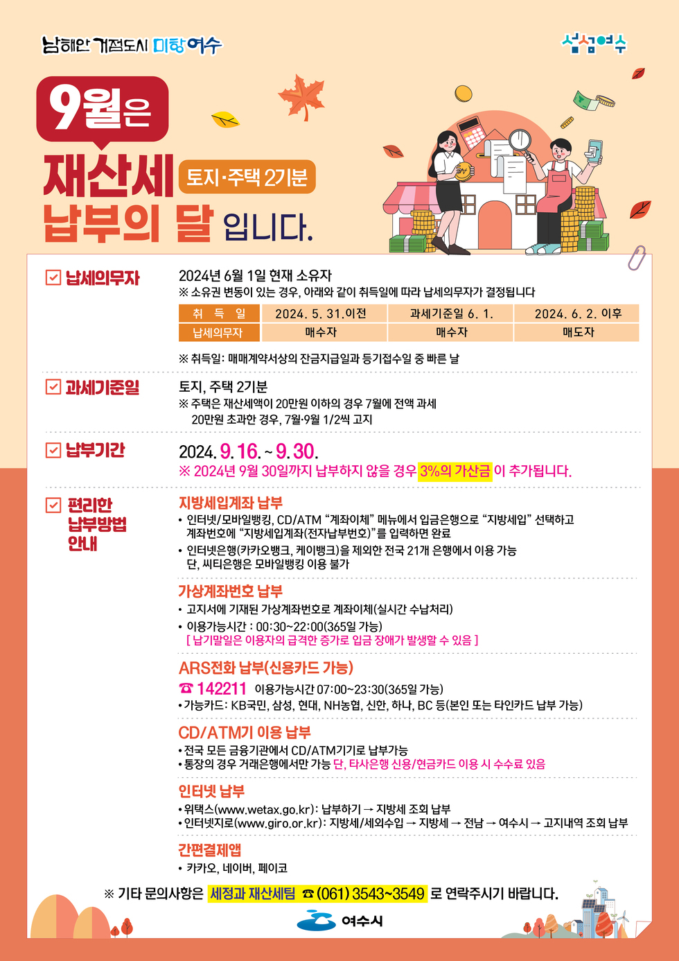 9월은 토지• 주택 2기분재산세납부의 달 입니다.납세의무자2024년 6월 1일 현재 소유자※ 소유권 변동이 있는 경우, 아래와 같이 취득일에 따라 납세의무자가 결정됩니다 취득일2024. 5. 31. 이전과세기준일 6. 1.납세의무자매수자매수자2024. 6. 2. 이우 매도자과세기준일토지, 주택 2기분※ 주택은 재산세액이 20만원 이하의 경우 7월에 전액 과세20만원 초과한 경우, 7월9월 1/2씩 고지납부기간2024. 9.16.~ 9.30.※ 2024년 9월 30일까지 납부하지 않을 경우 3%의 가산금 이 추가됩니다.편리한납부방법안내지방세입계좌 납부• 인터넷/모바일뱅킹, CD/ATM