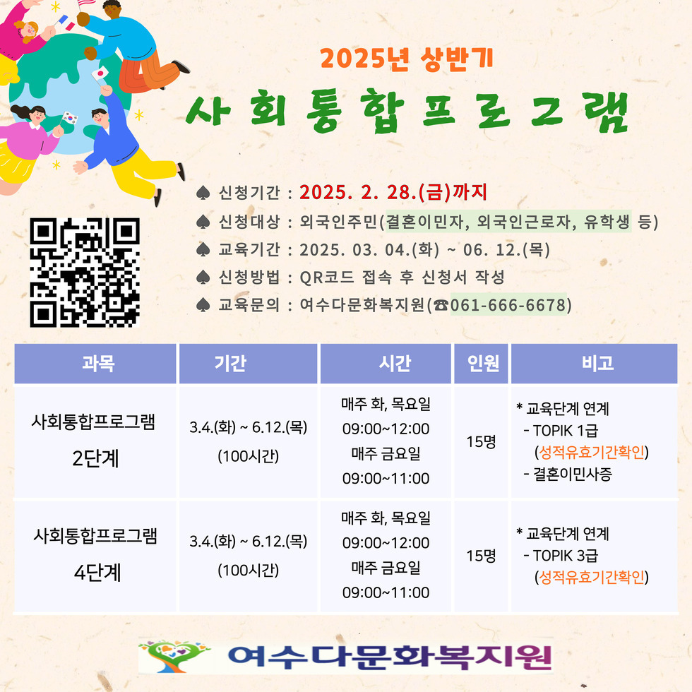 2025년 상반기 사회 통합 프로그램 ♣ 신청기간 : 2025. 2. 28.(금)까지 ♣ 신청대상 : 외국인주민(결혼이민자, 외국인근로자, 유학생 등) ♣ 교육기간 : 2025. 03. 04.(화) ~ 06. 12.(목) ♣ 신청방법 : QR코드 접속 후 신청서 작성 ♣ 교육문의 : 여수다문화복지원(☎061-666-6678) 과목 기간 시간 인원 비고 사회통합프로그램 2단계 3.4.(화) ~ 6.12.(목) (100시간) 매주 화, 목요일 09:00~12:00 매주 금요일 09:00~11:00 15명 * 교육단계 연계 - TOPIK 1급 (성적유효기간확인) - 결혼이민자 사회통합프로그램 4단계 3.4.(화) ~ 6.12.(목) (100시간) 매주 화, 목요일 09:00~12:00 매주 금요일 09:00~11:00 15명 * 교육단계 연계 - TOPIK 3급 (성적유효기간확인)