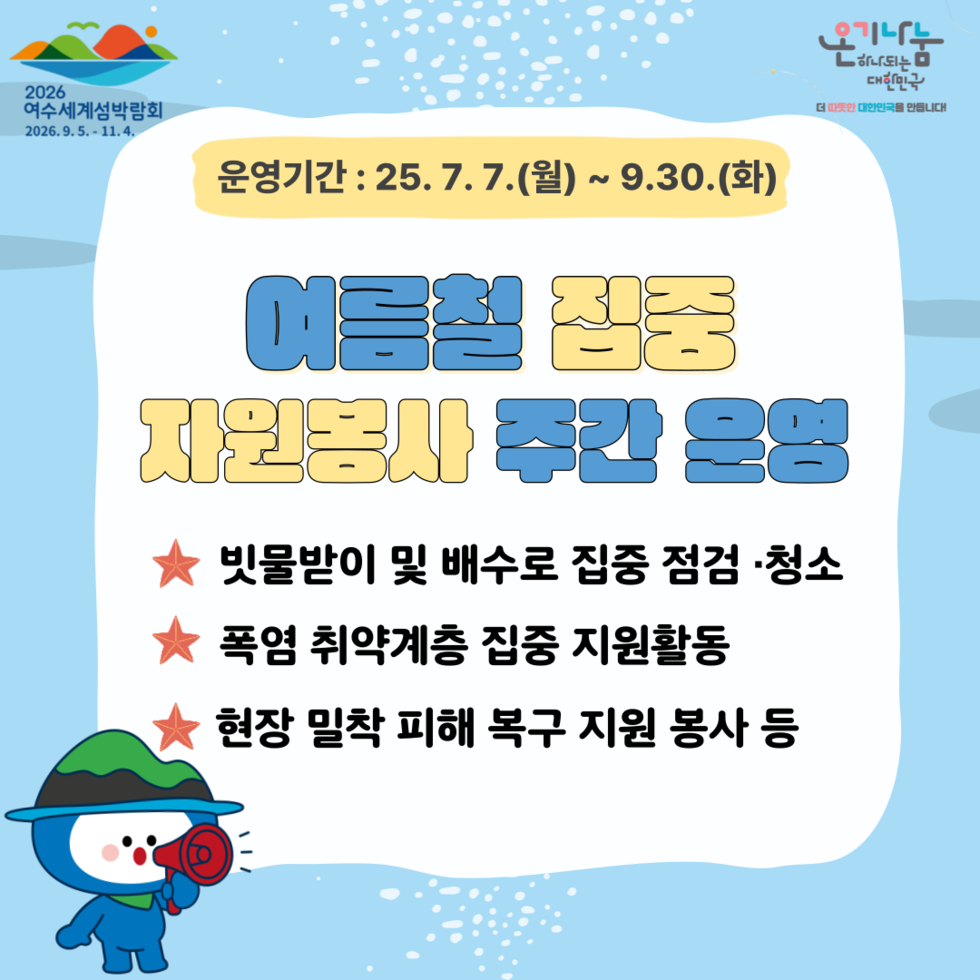 운영기간 : 25. 7. 7.(월) ~ 9.30.(화) 여름철 집중 자원봉사 주간 운영 ★ 빗물받이 및 배수로 집중 점검·청소 ★ 폭염 취약계층 집중 지원활동 ★ 현장 밀착 피해 복구 지원 봉사 등
