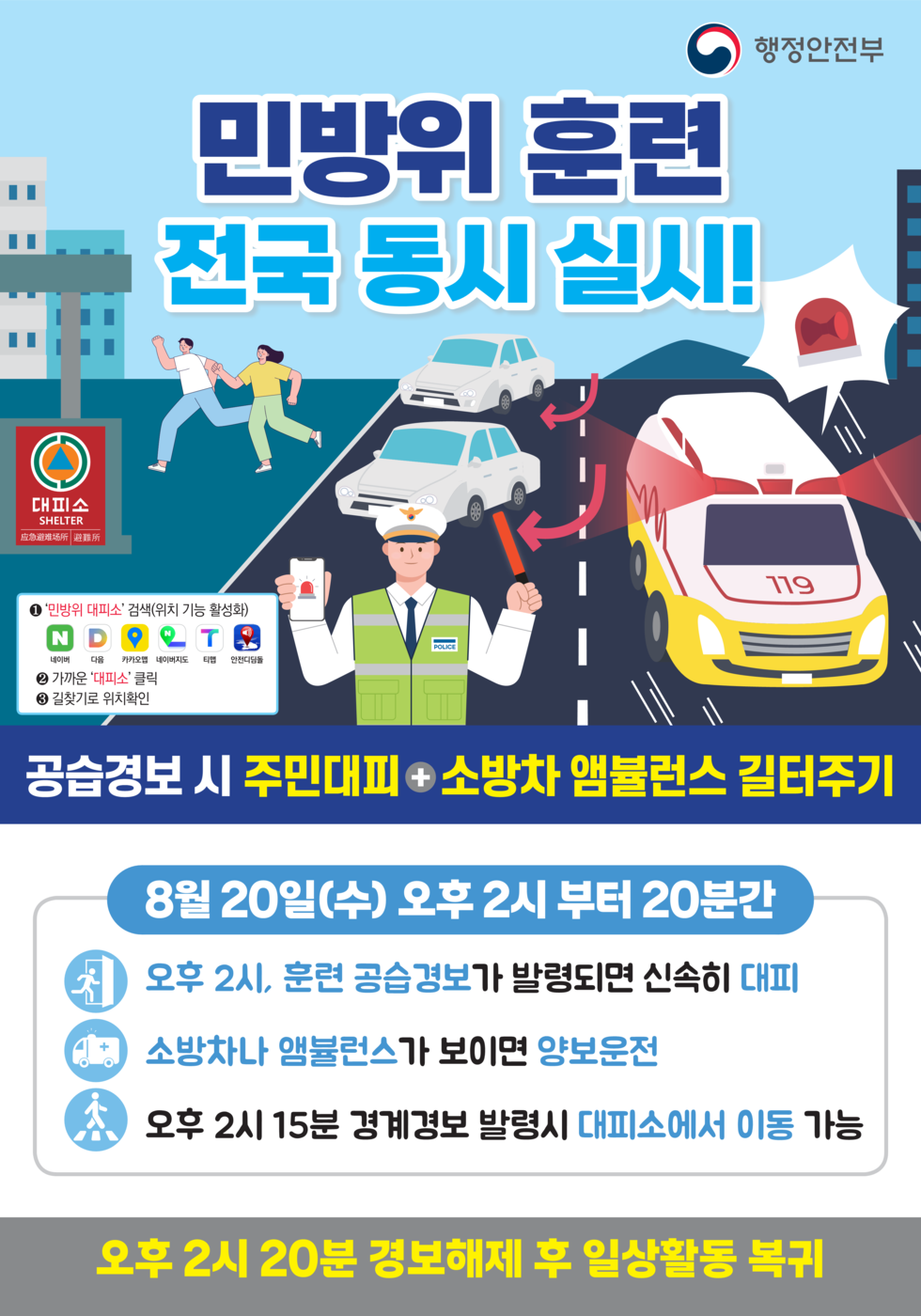 민방위 훈련 전국 동시에 실시! 공습경보 시 주민대피 + 소방차 앰블런스 길터주기 8월 20일(수) 오후 2시부터 20분간 오후 2시, 훈련 공습경보가 발령되면 신속히 대피 소방차나 앰블런스가 보이면 양보운전 오후 2시 15분 경계경보 발령시 대피소에서 이동 가능 오후 2시 20분 경보해제 후 일상활동 복귀