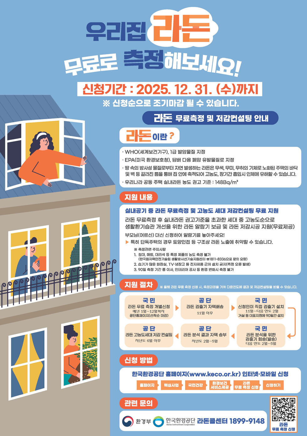 우리집 라돈 무료측정해보세요! 신청기간 : 2025. 12. 31. (수)까지 ※ 신청순으로 조기마감 될 수 있습니다. 라돈 무료측정 및 저감컨설팅 안내 라돈이란? WHO(세계보건기구), 1급 발암물질 지정 EPA(미국 환경보호청), 태너 다음 폐암유발물질 지정 땅 속의 방사성 물질로부터 자연 발생하는 라돈은 무색, 무취의 기체로서 호흡에 의해 인체에 유해할 수 있습니다. 우리나라 공동 주택 실내라돈 농도 기준 : 148Bq/m³ 지원 내용 실내공기 중 라돈 무료측정 및 고농도 저감도 지원 라돈 무료측정 후 실내라돈 농도가 초과할 시에 가능한 지원으로서 생활환경 개선을 위한 지원을 제공합니다. 부모님(어르신) 대신 신청하여 알림기를 넣어주세요! ※ 신청절차의 경우 통합제출이 가능하니 라돈 노후를 체크할 수 있습니다. 지원 절차 국 민 라돈 무료측정 신청서 작성 후 19~12월까지 제출 공 단 라돈 고농도 저감도 지원 신청서 제출 가정주택 6호 이상 신청 방법 한국환경공단 홈페이지(www.keco.or.kr) 인터넷·모바일 신청 관련 문의 환경부 한국환경공단 라돈콜센터 1899-9148