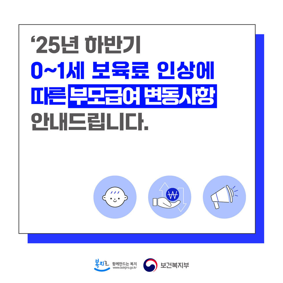 ‘25년 하반기 0~1세 보육료 인상에 따른 부모급여 변동사항 안내드립니다.
