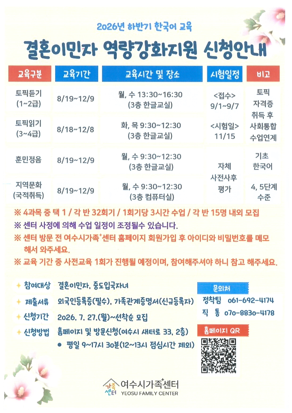 2026년 하반기 한국어 교육 결혼이민자 역량강화지원 신청안내 교육구분토픽듣기 (1~2급) 교육기간 8/19~12/9 교육시간 및 장소 월, 수 13:30~16:30(3층 한글교실) 시험일정 <접수> 9/1~9/7 비고 토픽 자격증 취득 후 사회통합 수업연계 교육구분 토픽읽기(3~4급) 교육기간 8/18~12/8 교육시간 및 장소 화, 목 9:30~12:30(3층 한글교실) 시험일정 <시험일> 11/15 비고 토픽 자격증 취득 후 사회통합 수업연계 교육구분 훈민정음 교육기간 8/19~12/9 교육시간 및 장소 월, 수 9:30~12:30(3층 한글교실) 시험일정 자체 사전사후 평가 비고 기초 한국어 교육구분 지역문화(국적취득) 교육기간 8/19~12/9 교육시간 및 장소 월, 수 9:30~12:30(3층 컴퓨터실) 시험일정 자체 사전사후 평가 비고 4, 5단계 수준 ※ 4과목 중 택 1 / 각 반 32회기 / 1회기당 3시간 수업 / 각 반 15명 내외 모집 ※ 센터 사정에 의해 수업 일정이 조정될수 있습니다. ※ 센터 방문 전 여수시가족*센터 홈페이지 회원가입 후 아이디와 비밀번호를 메모 해서 와주세요. ※ 교육 기간 중 사전교육 1회가 진행될 예정이며, 참여해주셔야 하니 참고 해주세요. 참여대상 결혼이민자, 중도입국자녀 제출서류 외국인등록증(필수), 가족관계증명서(신규등록자) 신청기간 2026. 7. 27.(월)~선착순 모집 신청방법 홈페이지 및 방문신청(여수시 새터로 33, 2층) - 평일 9~17시 30분(12~13시 점심시간 제외) 문의처 정착팀 061-692-4174 직 통 070-8830-4178 홈페이지 QR https://yeosu.familynet.or.kr/center/lay1/program/S295T322C451/recruitReceipt/list.do 가족센터 여수시가족센터 YEOSU FAMILY CENTER