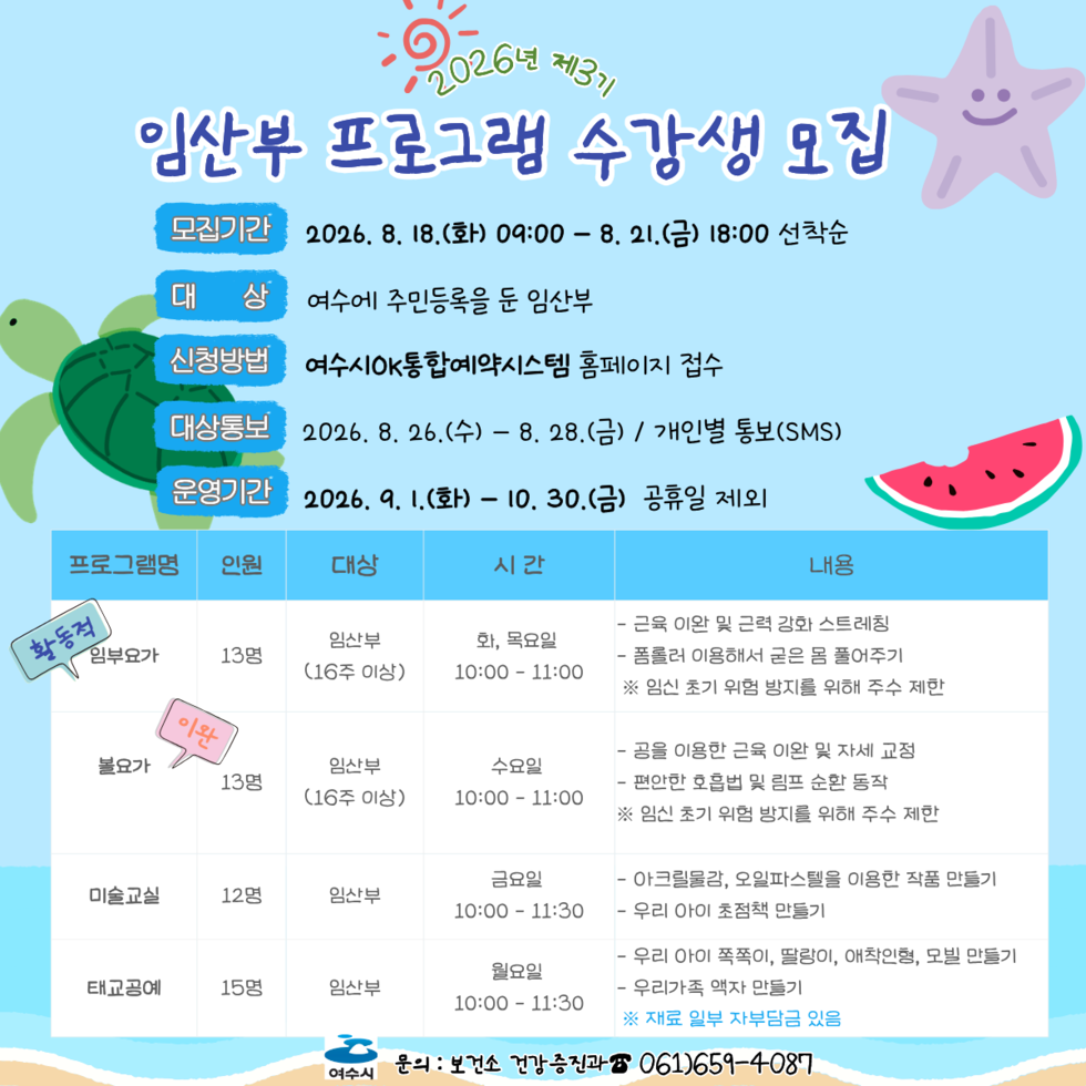 2026년 제3기 임산부 프로그램 수강생 모집 모집기간 2026. 8. 18.(화) 09:00 - 8. 21.(금) 18:00 선착순 대상 여수에 주민등록을 둔 임산부 신청방법 여수시OK통합예약시스템 홈페이지 접수 대상통보 2026. 8. 26.(수) - 8. 28.(금) / 개인별 통보(SMS) 운영기간 2026. 9. 1.(화) - 10. 30.(금) 공휴일 제외 프로그램명 (활동적) 임부요가 인원 13명 대상 임산부(16주 이상) 시간 화, 목요일 10:00 - 11:00 내용 - 근육 이완 및 근력 강화 스트레칭 - 폼롤러 이용해서 굳은 몸 풀어주기 ※ 임신 초기 위험 방지를 위해 주수 제한 프로그램명 (이완) 볼요가 인원 13명 대상 임산부(16주 이상) 시간 수요일 10:00 - 11:00 내용 - 공을 이용한 근육 이완 및 자세 교정 - 편안한 호흡법 및 림프 순환 동작 ※ 임신 초기 위험 방지를 위해 주수 제한 프로그램명 미술교실 인원 12명 대상 임산부 시간 금요일 10:00 - 11:30 내용 - 아크릴물감, 오일파스텔을 이용한 작품 만들기 - 우리 아이 초점책 만들기 프로그램명 태교공예 인원 15명 대상 임산부 시간 월요일 10:00 - 11:30 내용 - 우리 아이 쪽쪽이, 딸랑이, 애착인형, 모빌 만들기 - 우리가족 액자 만들기 ※ 재료 일부 자부담금 있음 여수시 문의 : 보건소 건강증진과☎ 061)659-4087