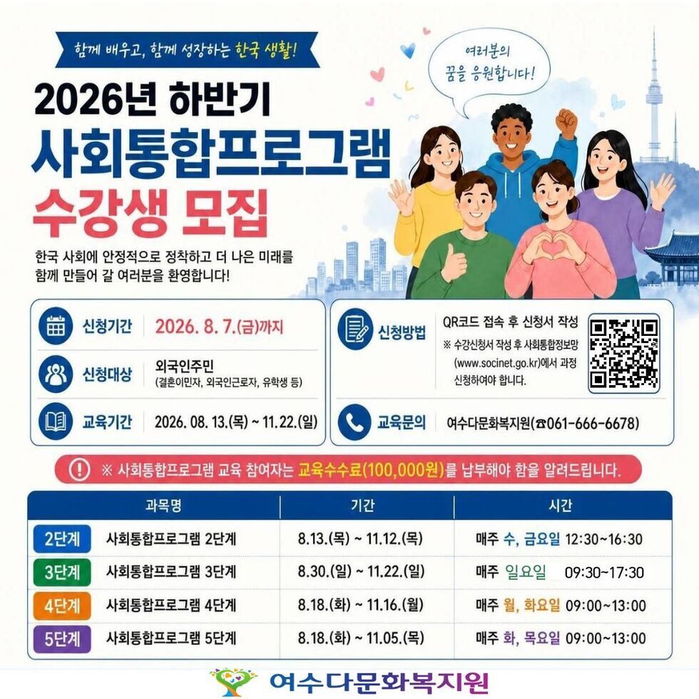 여러분의 꿈을 응원합니다! 함께 배우고, 함께 성장하는 한국 생활! 2026년 하반기 사회통합프로그램수강생 모집 한국 사회에 안정적으로 정착하고 더 나은 미래를 함께 만들어 갈 여러분을 환영합니다! 신청기간 2026. 8. 7.(금)까지 신청대상 외국인주민(결혼이민자, 외국인근로자, 유학생 등) 교육기간 2026. 08. 13.(목) ~ 11.22.(일)  신청방법 QR코드 접속 후 신청서 작성 ※ 수강신청서 작성 후 사회통합정보망(www.socinet.go.kr)에서 과정 신청하여야 합니다. https://forms.gle/P5AnGYALPwfKMFRk7  교육문의 여수다문화복지원(☎061-666-6678)  ※ 사회통합프로그램 교육참여자는 교육수수료(100,000원)를 납부해야함을 알려드립니다.  과목명/기간/시간 2단계 사회통합프로그램 2단계 8.13.(목) ~ 11.12.(목) 매주 수, 금요일 12:30~16:30 3단계 사회통합프로그램 3단계 8.30.(일) ~ 11.22.(일) 매주 일요일 09:30~17:30 4단계 사회통합프로그램 4단계 8.18.(화) ~ 11.16.(월) 매주 월, 화요일 09:00~13:00 5단계 사회통합프로그램 5단계 8.18.(화) ~ 11.05.(목) 매주 화, 목요일 09:00~13:00  여수다문화복지원