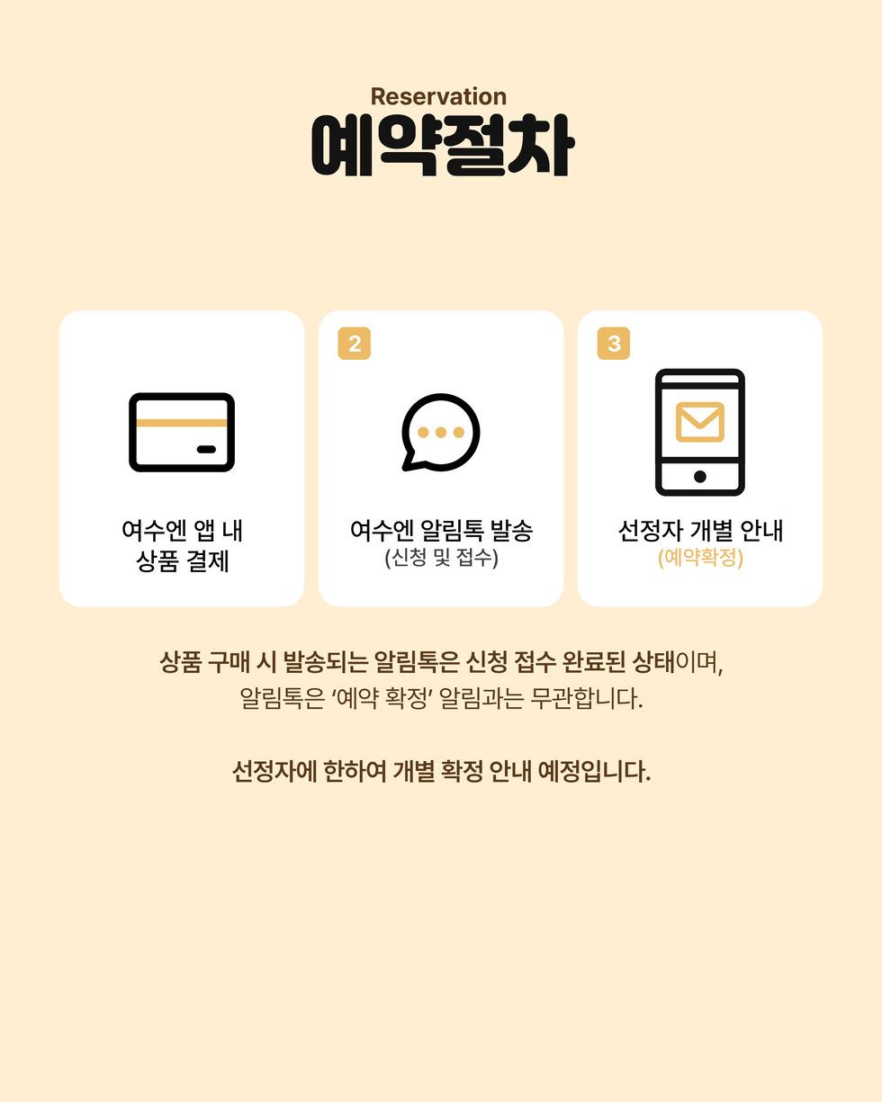 Reservation 예약절차 1 여수엔 앱 내 상품 결제 2 여수엔 알림톡 발송 (신청 및 접수) 3 선정자 개별 안내 (예약확정) 상품 구매 시 발송되는 알림톡은 신청 접수 완료된 상태이며, 알림톡은 '예약 확정' 알림과는 무관합니다. 선정자에 한하여 개별 확정 안내 예정입니다.