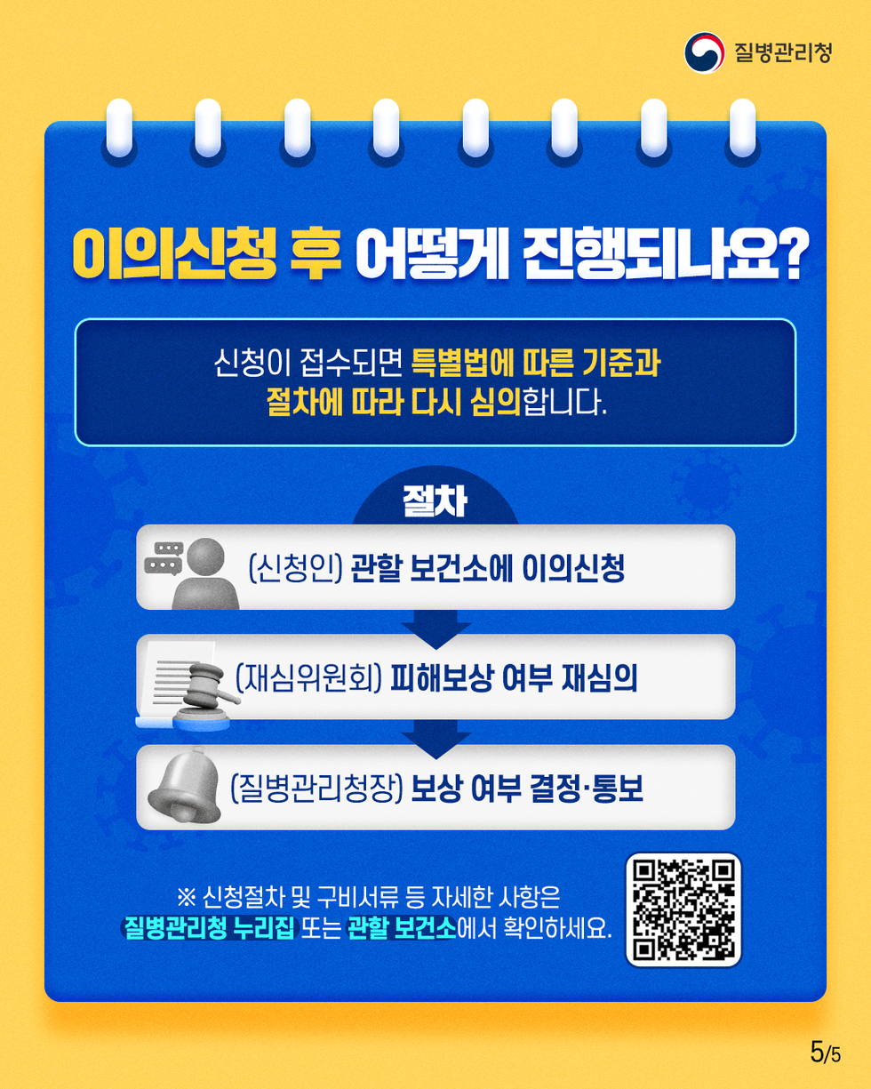 질병관리청 이의신청 후 어떻게 진행되나요?  신청이 접수되면 특별법에 따른 기준과 절차에 따라 다시 심의합니다.  절차 (신청인) 관할 보건소에 이의신청  (재심위원회) 피해보상 여부 재심의  (질병관리청장) 보상 여부 결정·통보  ※ 신청절차 및 구비서류 등 자세한 사항은 질병관리청 누리집 또는 관할 보건소에서 확인하세요. https://www.kdca.go.kr/kdca/5500/subview.do
