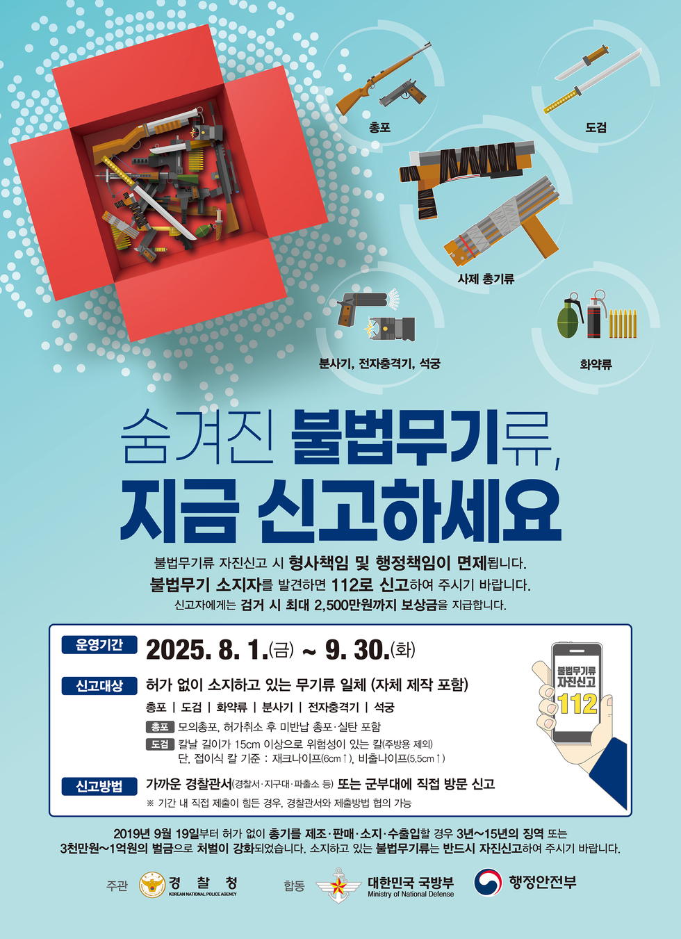 숨겨진 불법무기류, 지금 신고하세요 불법무기류 자진신고 시 형사책임 및 행정책임이 면제됩니다. 불법무기 소지자를 발견하면 112로 신고하여 주시기 바랍니다. 신고자에게는 검거 시 최대 2,500만원까지 보상금을 지급합니다. 운영기간 2025. 8. 1.(금) ~ 9. 30.(화) 신고대상 허가 없이 소지하고 있는 무기류 일체(자체 제작 포함) 총포 도검 화약류 분사기 전자총격기 석궁 총포 모의총기, 허가를 받지 후 미반납 총포. 실탄 포함 도검 칼날 길이 15cm 이상으로 위험성이 있는 칼(전용제외 제외) 등. 집에서의 기준: 재고로만 60cm 이하로(15.5cm) 신고방법 가까운 경찰관서(경찰서-지구대-파출소 등) 또는 군부대에 직접 방문 신고 * 기간 내 직접 제재에 힘든 경우, 경찰관서에 체험할 방법 가능 2019년 9월 19일부터 허가 총기류 제조·판매·소지·수출할 경우 3년~15년 징역 등 3년 이하의 벌금으로 강화되었습니다. 소지하고 있는 불법무기류 반드시 자진신고해 주시기 바랍니다.