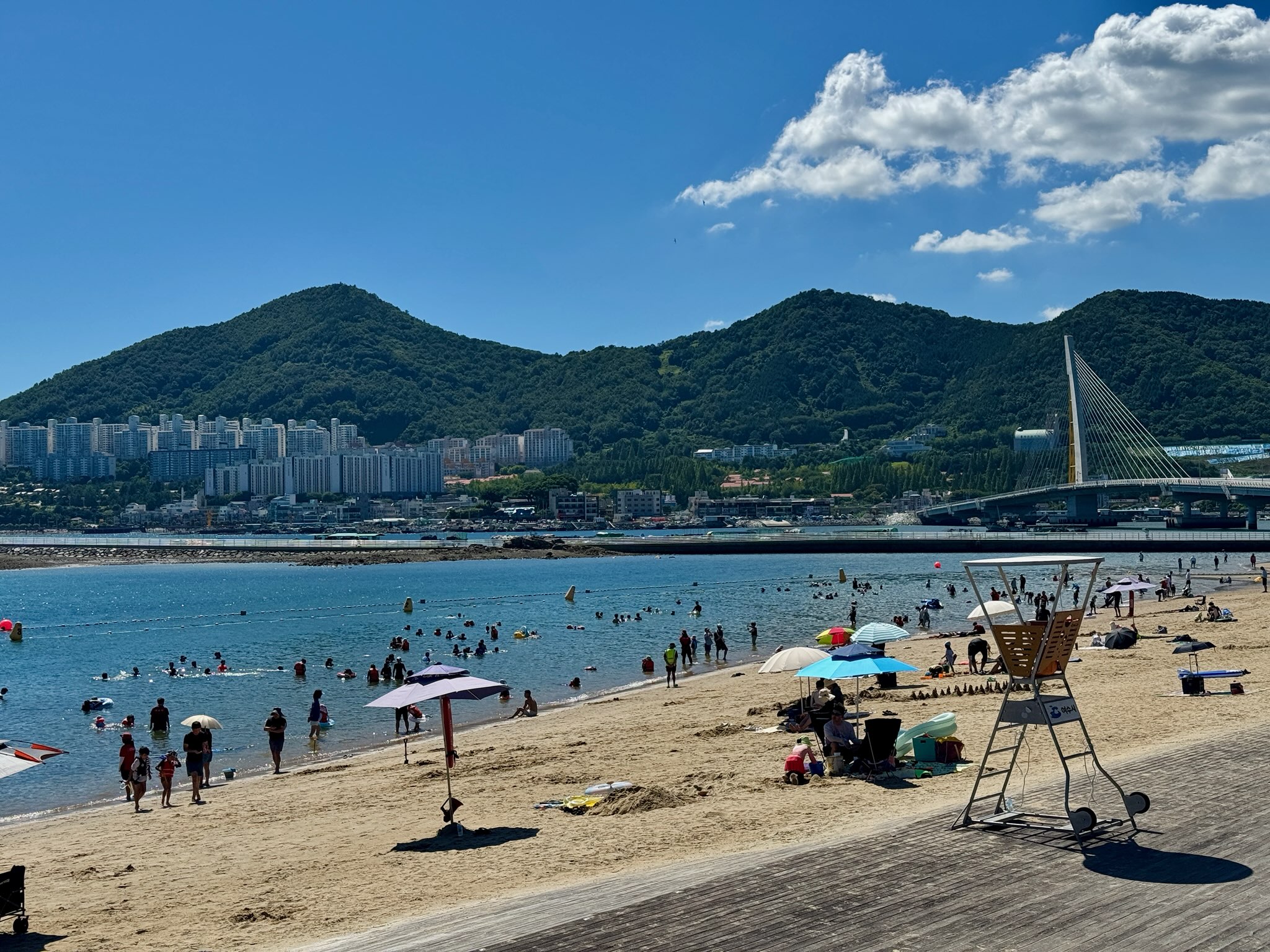 해변에서 사람들이 수영하고 있고, 모래사장에는 여러 개의 파라솔과 사람들이 앉아 있다. 배경에는 산과 아파트 단지가 보인다.