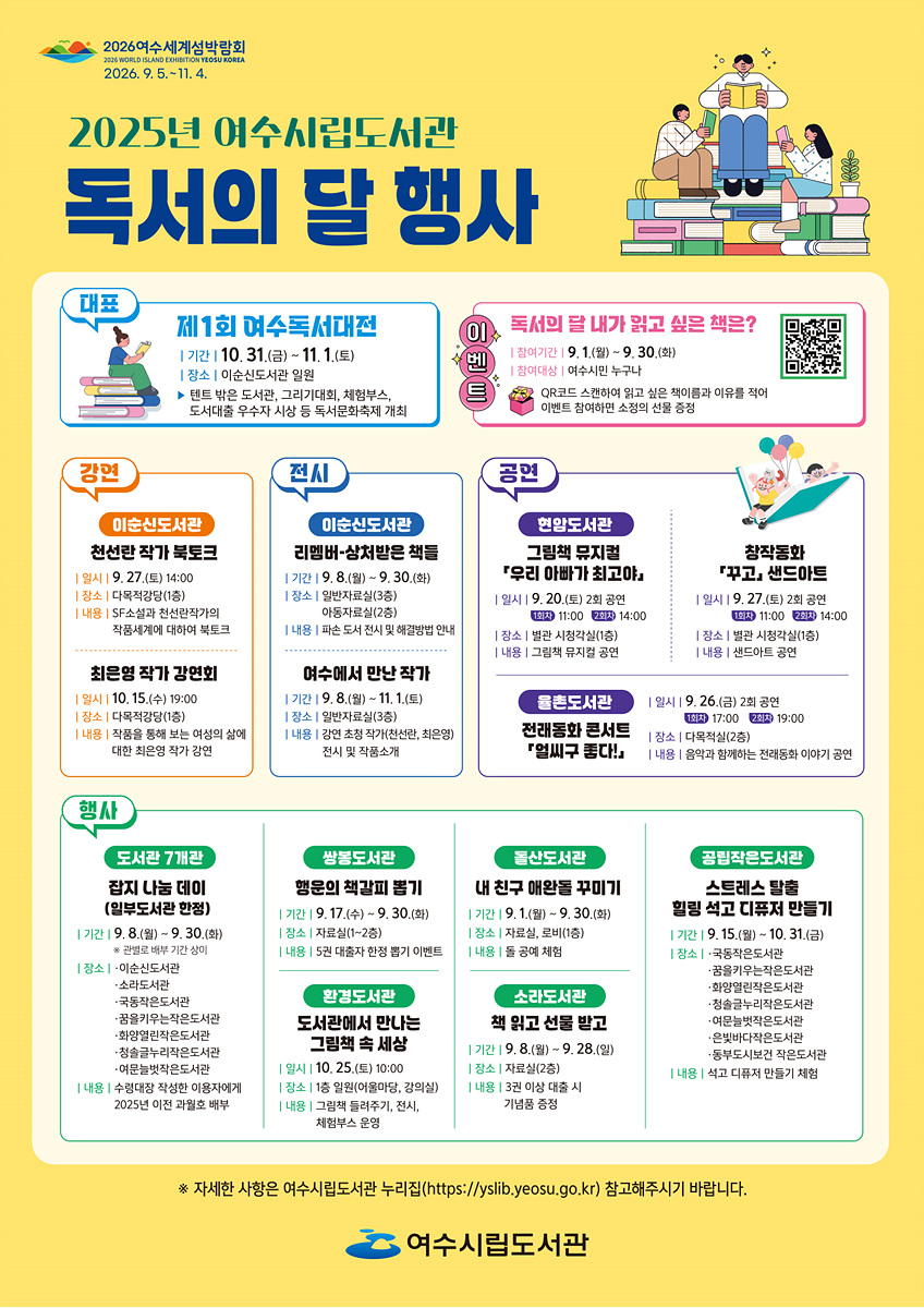 2026여수세계섬박람회 2026년9월5일~11월4일 2025년 여수시립도서관 독서의 달 행사 대표 제1회 여수독서대전 |기간|10월31일(금)~11월1일(토) |장소|이순신도서관 일원 텐트 밖은 도서관, 그리기대회, 체험부스, 도서대출 우수자 시상 등 독서문화축제 개최 이벤트 독서의 달! 내가 읽고 싶은 책은? |참여기간|9월1일(월)~9월30일(화) |참여대상|여수시민 누구나 QR코드를 스캔하여 읽고 싶은 책이름과 이유를 적어 이벤트 참여하면 소정의 선물 증정 강연 이순신도서관 천선란 작가 북토크 |일시|9월27일(토) 14:00 |장소|다목적강당 |내용|SF소설과 천선란작가의 작품세계에 대하여 북토크 최은영 작가 강연회 |일시|10월15일(수) 19:00 |장소|다목적강당(1층) |내용|작품을 통해 보는 여성의 삶에 대한 최은영 작가 강연/ 전시 이순신도서관 리멤버-상처받은 책들 |기간|9월8일(월)~9월30일(화) |장소|일반자료실(3층),아동자료실(2층) |내용|파손 도서 전시 및 해결방법 안내 / 여수에서 만난 작가 |기간|9월8일(월)~11월1일(토) |장소|일반자료실(3층) |내용|강연 초청 작가(천선란,최은영)전시 및 작품소개 공연 현암도서관 그림책 뮤지컬 ‘우리 아빠가 최고야’ |일시|9월20일(토) 2회공연 1회차 11:00 2회차 14:00 |장소|별관 시청각실(1층) |내용| 그림책 뮤지컬 공연 / 창작동화 ‘꾸고, 샌드아트’ |일시|9월27일(토) 2회공연 1회차 11:00 2회차 14:00 |장소|별관 시청각실(1층) |내용| 샌드아트 공연 / 웅천도서관 전래동화 콘서트 ‘얼씨구 좋다’ |일시|9월26일(금) 2회 공연 1회차 17:00 2회차 19:00 |장소|다목적실(2층) |내용|음악과 함꼐하는 전래동화 이야기 공연 행사 도서관 7개관 잡지 나눔 데이 (일부도서관 한정) 기간: 9월8일(월) ~ 9월30일(화) (관별로 배부 기간 상이) 장소: 이순신도서관, 소라도서관, 국동작은도서관, 꿈을키우는작은도서관, 화양열린작은도서관, 청솔글누리작은도서관, 여문늘벗작은도서관 내용: 수령대장 작성한 이용자에게 2025년 이전 과월호 배부 쌍봉도서관 행운의 책갈피 뽑기 기간: 9월17일(수) ~ 9월30일(화) 장소: 자료실(1~2층) 내용: 5권 대출자 한정 뽑기 이벤트 돌산도서관 내 친구 애완돌 꾸미기 기간: 9월1일(월) ~ 9월30일(화) 장소: 자료실, 로비(1층) 내용: 돌 공예 체험 환경도서관 도서관에서 만나는 그림책 속 세상 일시: 10월25일(토) 10:00 장소: 1층 일원(어울마당, 강의실) 내용: 그림책 들려주기, 전시, 체험부스 운영 소라도서관 책 읽고 선물 받고 기간: 9월8일(월) ~ 9월28일(일) 장소: 자료실(2층) 내용: 3권 이상 대출 시 기념품 증정 공립작은도서관 스트레스 탈출 힐링 석고 디퓨저 만들기 기간: 9월15일(월) ~ 10월31일(금) 장소: 국동작은도서관, 꿈을키우는작은도서관, 화양열린작은도서관, 청솔글누리작은도서관, 여문늘벗작은도서관, 은빛바다작은도서관, 동부도서분관 작은도서관 내용: 석고 디퓨저 만들기 체험 ※자세한 사항은 여수시립도서관 누리집(https://sylib.yeosu.go.kr) 참고해주시기 바랍니다 여수시립도서관
