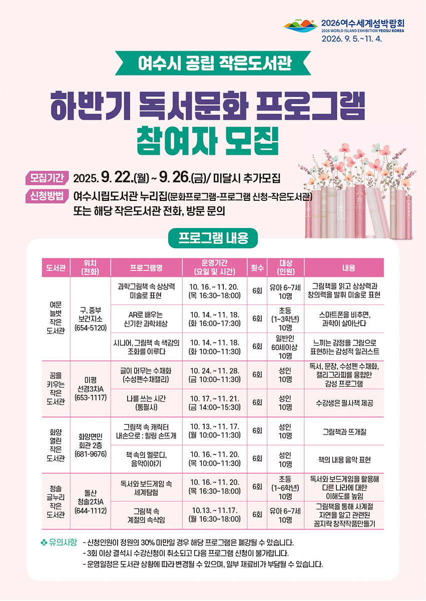 2026 여수세계섬박람회 2026년 9월 5일 부터 11월 4일 까지.여수시 공립 작은도서관 하반기 독서문화 프로그램 참여자 모집 /모집기간: 2025년 9월 22일(월) ~ 9월 26일(금), 미달시 추가모집 /신청방법: 여수시립도서관 누리집(문화프로그램-프로그램 신청-작은도서관) 또는 해당 작은도서관 전화, 방문 문의 /프로그램 내용: 표설명 도서관, 위치(전화), 프로그램명, 운영기간(요일 및 시간), 횟수, 대상(인원), 내용 순서로 나열되어 있습니다.여문 늘벗 작은도서관, 위치: 구, 중부보건지소 (654-5120), 프로그램명: 과학그림책 속 상상력 미술로 표현, 운영기간: 10월 16일 ~ 11월 20일 (목 16:30~18:00), 횟수 6회, 대상: 유아 6~7세 10명, 내용: 그림책을 읽고 상상력과 창의력을 발휘 미술로 표현 / 여문 늘벗 작은도서관, 위치: 구, 중부보건지소 (654-5120), 프로그램명: AR로 배우는 신기한 과학세상, 운영기간: 10월 14일 ~ 11월 18일 (화 16:00~17:30), 횟수 6회, 대상: 초등(1~3학년) 10명, 내용: 스마트폰을 비추면 과학이 살아난다 /여문 늘벗 작은도서관, 위치: 구, 중부보건지소 (654-5120), 프로그램명: 시니어, 그림책 속 색감의 조화를 이루다, 운영기간: 10월 14일 ~ 11월 18일 (목 10:00~11:30), 횟수 6회, 대상: 일반인 60세이상 10명, 내용: 느끼는 감정을 그림으로 표현하는 감성적 일러스트 /꿈을 키우는 작은도서관, 위치: 미평 선경3차A (653-1117), 프로그램명: 글이 머무는 수채화(수성펜수채캘리), 운영기간: 10월 24일 ~ 11월 28일 (금 10:00~11:30), 횟수 6회, 대상:성인 10명, 내용: 독서, 문장, 수성펜 수채화, 캘리그라피를 융합한 감성 프로그램 /꿈을 키우는 작은도서관, 위치: 미평 선경3차A (653-1117), 프로그램명: 나를 쓰는 시간(통필사), 운영기간: 10월 17일 ~ 11월 21일 (금 14:00~15:30), 횟수 6회, 대상: 성인 10명, 내용 수강생은 필사책 제공 /화양 열린작은도서관, 위치: 화양면민회관 2층 (681-9767), 프로그램명: 그림책 속 캐릭터 내손으로 힐링손뜨개, 운영기간: 10월 13일 ~ 11월 17일 (월 10:00 ~ 11:30), 횟수 6회, 대상: 성인 10명, 그림책과 뜨개질 / 화양 열린작은도서관, 위치: 화양면민회관 2층 (681-9767), 프로그램명: 책속의 멜로디 음악이야기, 운영기간: 10월 16일 ~ 11월 20일 (목 10:00~11:30), 횟수 6회, 대상: 성인 10명, 내용: 책의 내용 음악 표현 / 청솔 글누리 작은도서관, 위치:돌산 청솔2차A (644-1112), 프로그램명: 독서와 보드게임 속 세계탐험, 운영기간: 10월 16 ~ 11월 20일 (목 16:30~18:00), 횟수 6회, 대상: 초등(1~6학년) 10명, 내용: 독서와 보드게임을 활용해 다른 나라에 대한 이해도를 높임 /청솔 글누리 작은도서관, 위치:돌산 청솔2차A (644-1112), 프로그램명: 그림책 속 계절의 속삭임, 운영기간: 10월 13일 ~ 11월 17일 (월 16:30~18:00), 횟수 6회, 대상: 유아 6~7세 10명, 내용: 그림책을 통해 사계절 자연을 알고 관련된 꼼지락 창작작품 만들기 /[유의사항]- 신청인원이 정원의 30% 미만일 경우 해당 프로그램은 폐강될 수 있습니다.- 3회 이상 결석시 수강신청이 취소되고 다음 프로그램 신청이 불가합니다.- 운영일정은 도서관 상황에 따라 변경될 수 있으며, 일부 재료비가 부담될 수 있습니다.