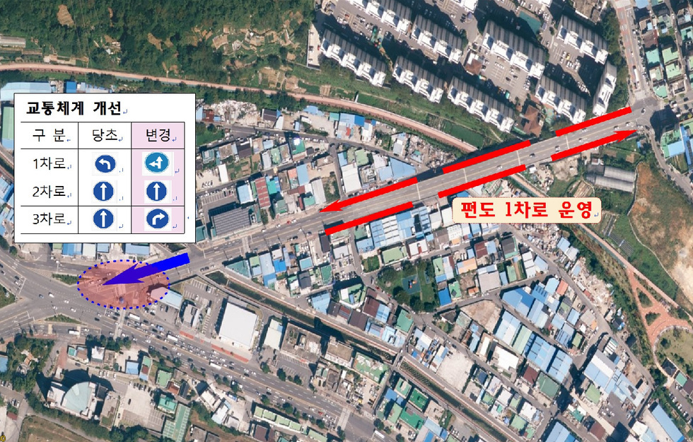 ▲ 여수시가 양지고가교 철거공사가 진행되는 내년 1월 6일부터 약 7개월간 양지마을 교차로에서 11호 광장 구간 차로를 교량 아래 좌‧우측 도로(편도 1차로)를 운영해 시민들의 통행불편 최소화에 나선다. 