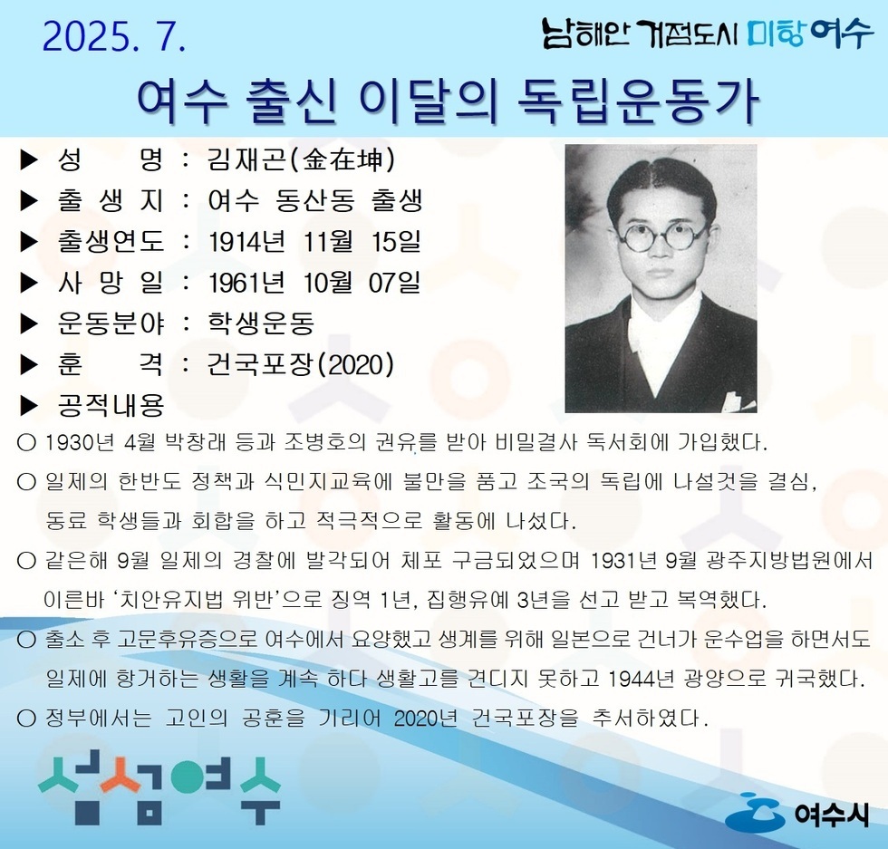여수 출신 이달의 독립운동가 소개 포스터
