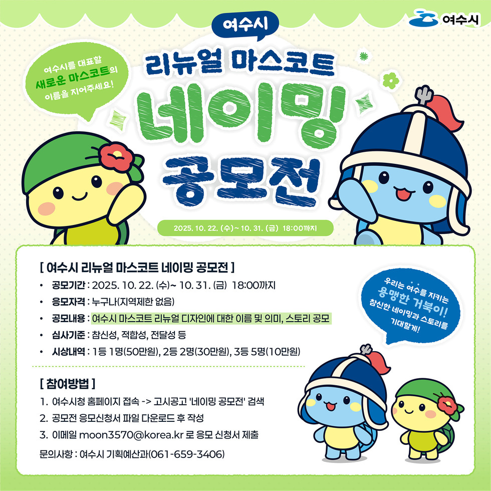 여수시리뉴얼 마스코트 네이밍 공모전여수시를 대표할 새로운 마스코트의 이름을 지어주세요!공모기간: 2025년 10월 22일 (수) ~ 10월 31일 (금) 18:00까지 [여수시 리뉴얼 마스코트 네이밍 공모전] 공모기간 : 2025년 10월 22일 (수) ~ 10월 31일 (금) 18:00까지 응모자격 : 누구나(지역제한 없음) 공모내용 : 여수시 마스코트 리뉴얼 디자인에 대한 이름 및 의미, 스토리 공모 심사기준 : 참신성, 적합성, 전달성 시상내역 : 1등 1명(50만원), 2등 2명 (30만원), 3등 5명(10만원)[ 참여방법 ] 1. 여수시청 홈페이지 접속 -> 고시공고 '네이밍 공모전' 검색 2. 공모전 응모신청서 파일 다운로드 후 작성 3. 이메일 moon3570@korea.kr 로 응모신청 제출 문의사항 : 여수시 기획예산과 (061-659-3406)우리는 여수를 지키는 용맹한 거북이! 참신한 네이밍과 스토리를 기대할게!